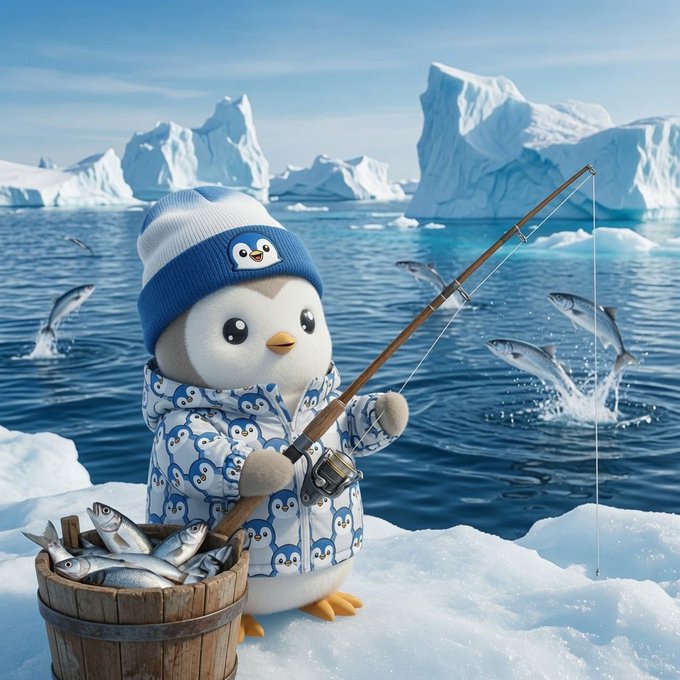 A digital illustration of an adorable penguin character wearing a blue and white beanie and a penguin-patterned jacket, ice fishing with a rod next to a wooden bucket full of fish in an arctic setting.