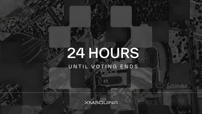 A grayscale aerial view of a landscape with a pixelated overlay serves as the backdrop for the bold white text "24 HOURS UNTIL VOTING ENDS," with the "XMAQUINA" logo displayed at the bottom—visually reinforcing the urgency of the BOT-14 vote to allocate Atoms.