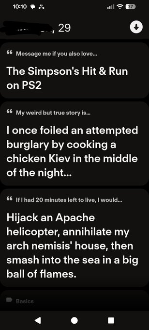 A mobile screenshot shows three Hinge prompts answered: "The Simpson's Hit & Run on PS2," "I once foiled an attempted burglary by cooking a chicken Kiev in the middle of the night," and "Hijack an Apache helicopter, annihilate my arch nemesis' house, then smash into the sea in a big ball of flames." The dating app humor contrasts with the post's message about long-term investment conviction, illustrating how patience—whether in relationships or markets—often defies conventional timelines but yields the biggest payoffs.