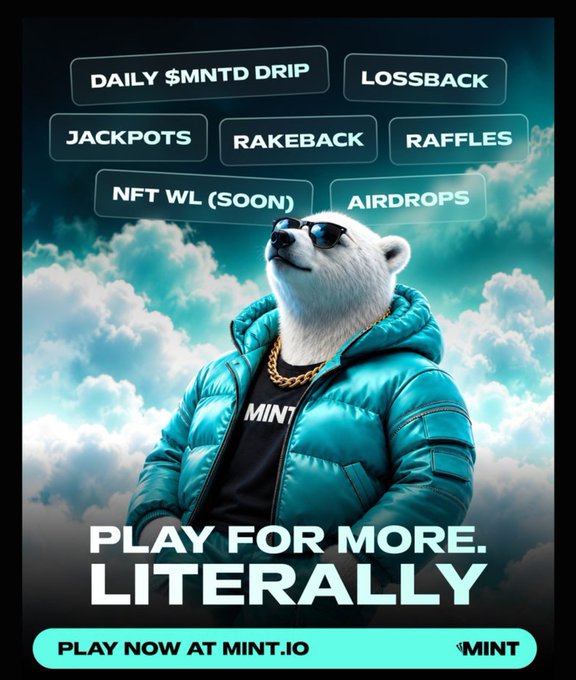 An advertisement for 'MINT.IO' featuring a polar bear wearing sunglasses and a puffer jacket, with promotional text 'PLAY FOR MORE. LITERALLY' and bullet points like 'DAILY $MNTD DRIP', 'JACKPOTS', and 'RAKEBACK'.