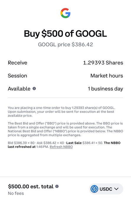 The image shows an email from Google that includes information about buying stock using USDC (stablecoin payment). The email provides details of the process for purchasing shares and the associated fees, as well as a timeline for when the investment will become active. The text in the email is written in a clear and concise manner, making it easy to understand and follow along with the instructions provided by Google.