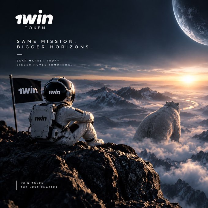 A promotional image for "1win TOKEN" with the tagline "SAME MISSION. BIGGER HORIZONS" features an astronaut planting a branded flag on a mountain peak while looking at a bear in a sea of clouds under a sunrise.