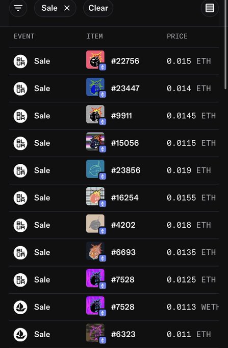 The image shows a filter of NFT sale listings on OpenSea, displaying items like #22756 and #23447 priced at 0.014-0.015 ETH, representing just a small portion of the AdamBombSquad collection's 2,394 listed NFTs mentioned in the post. The list showcases various bomb-themed character NFTs available for purchase at low ETH prices, highlighting the massive scale of the collection being swept.