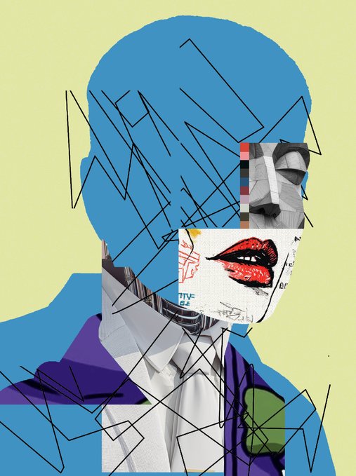 A stylized portrait combining a blue silhouette with collage elements, featuring a grayscale face section, red lips, and geometric line patterns against a yellow background.
