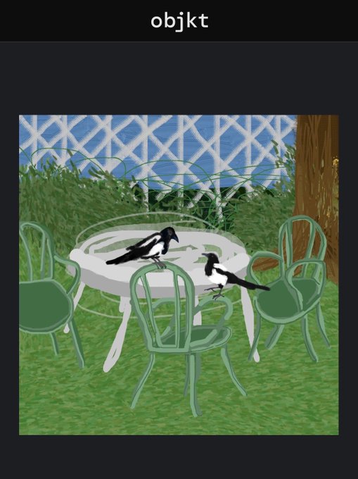 A digital painting in a simple style showing two black and white magpies on a white garden table surrounded by green chairs, with 'objkt' text at the top.
