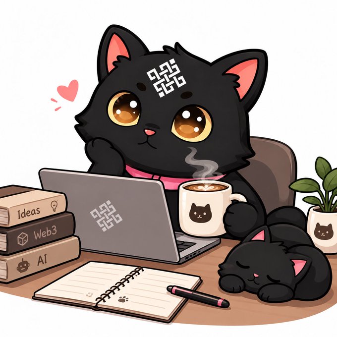 An illustration of a cute black cat with a QR code on its forehead, sitting at a desk with a laptop, coffee mug, and books titled 'Ideas', 'Web3', and 'AI'.