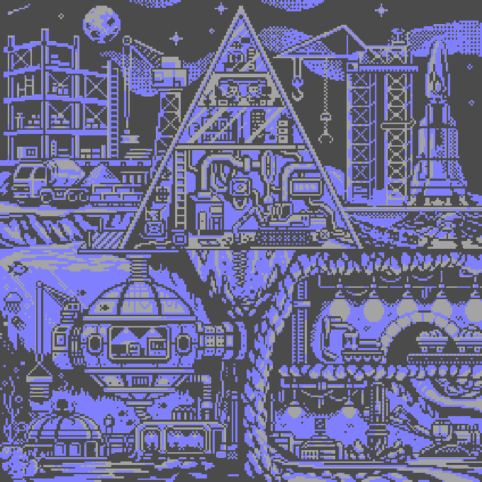 Pixel art illustration showing a futuristic industrial scene with a pyramid-shaped structure, rockets, and a dome building in blue and gray tones.