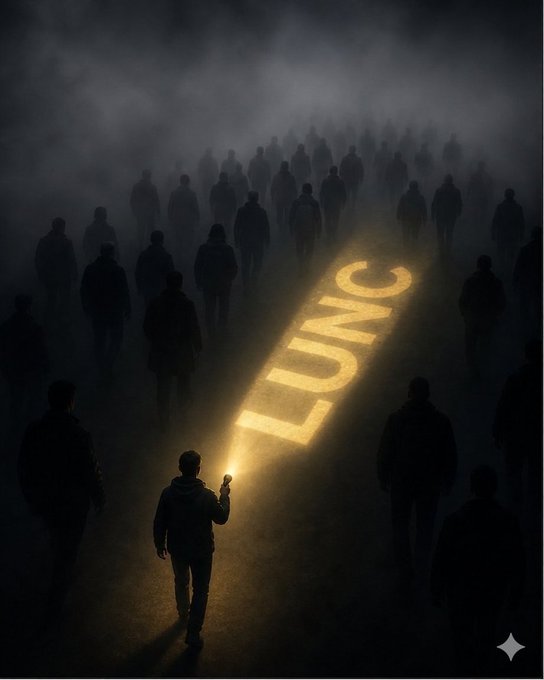 A lone figure in the fog uses a flashlight to illuminate the word "LUNC" among a crowd of shadowy silhouettes, symbolizing the cryptocurrency as a guiding light for the broader crypto market. The visual reinforces the post's optimistic message that LUNC will lead and "save" cryptocurrencies, with the illuminated text standing out as a beacon of hope.