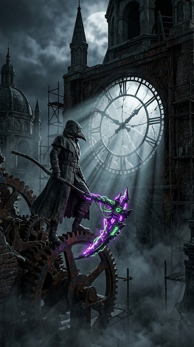 A dark fantasy illustration showing a plague doctor figure in a beaked mask standing on gears, holding a glowing purple and green weapon in front of a large clock tower under a full moon.