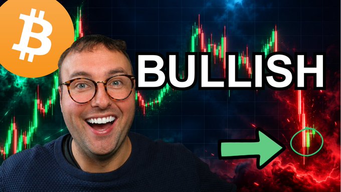A YouTube thumbnail featuring a smiling man with glasses, a Bitcoin logo, the word 'BULLISH,' and a green arrow pointing to a candlestick chart.
