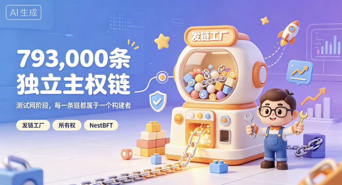 A colorful AI-generated promotional graphic displays '793,000条 独立主权链' alongside a 3D cartoon character holding tools next to a gumball-style machine labeled '发链工厂'.