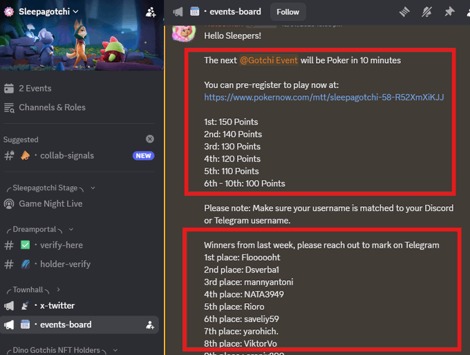 A Discord screenshot from the Sleepagotchi server's #events-board channel, announcing an upcoming Gotchi Poker event with a pre-registration link and point tiers (1st: 150 points down to 6th-10th: 100 points), along with a list of last week's winners including Flooooht and Dsverbal.