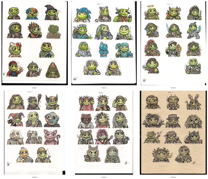 A grid of various green goblin-like creature character designs displayed across six labeled pages.