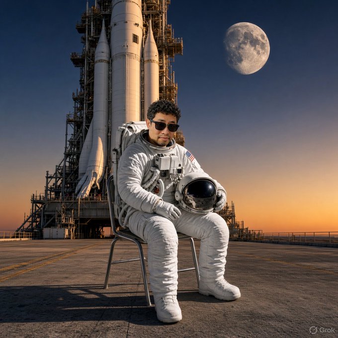 An astronaut in a white spacesuit sits on a chair holding a helmet, with a rocket and moon in the background, symbolizing the user's reflection on re-launching their space-themed community after a hiatus.