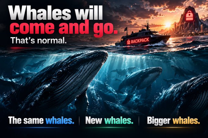 An AI-generated image of whales in the ocean with the text 'Whales will come and go. That's normal' and 'BACKPACK' branding.
