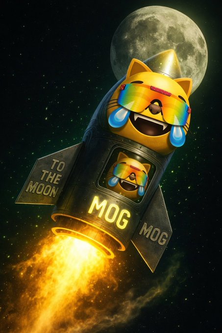 A cartoon cat wearing rainbow sunglasses with "joy" emojis rides a rocket labeled "TO THE MOON," "MOG," and "MOG" heading toward the moon, visually symbolizing the "$MOG moon soon" hype.