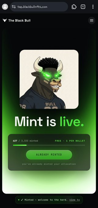 A mobile web page for 'The Black Bull' NFT showing 'Mint is live.' with 627/3,333 minted, marked as FREE 1 PER WALLET, with a button reading 'ALREADY MINTED'.