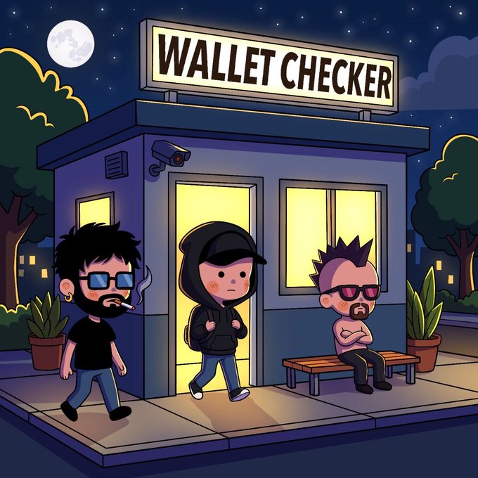 A cartoon illustration of three stylized characters outside a small building labeled 'WALLET CHECKER' under a full moon.