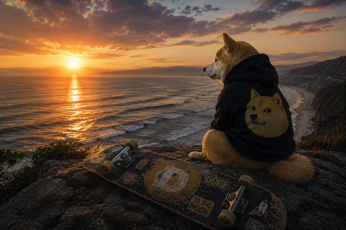 A Shiba Inu dog wearing a black hoodie with a Doge coin logo sits on a skateboard overlooking a sunset over the ocean, with text reading 'TO THE MOON' and 'DOGE'.