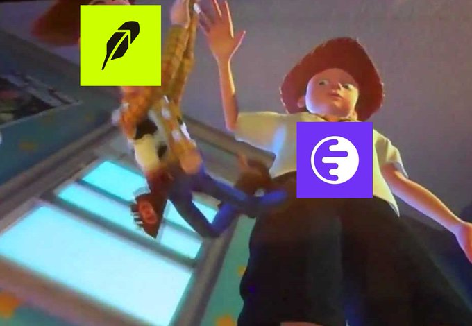 An animated scene from Toy Story showing Woody and another toy character falling, with app icons overlaid.