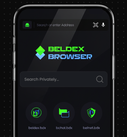 A smartphone displaying the Beldex Browser app, featuring a dark interface with a private search bar and shortcut icons for beldex.bdx, bchat.bdx, and belnet.bdx.