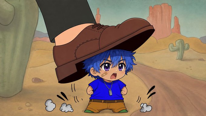 An anime-style illustration of a small blue-haired child in a blue shirt and brown shorts standing angrily in a desert, being squished by a giant brown shoe stepping down from above.