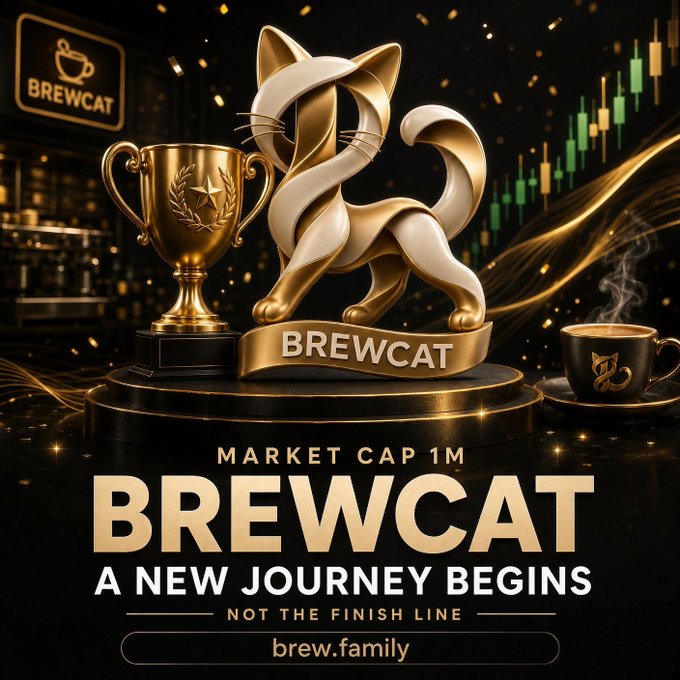 A sleek gold-toned cat mascot holds a laurel-wreath trophy beside a steaming coffee mug, with a banner reading "BREWCAT" and "MARKET CAP 1M" displayed above the tagline "A NEW JOURNEY BEGINS — NOT THE FINISH LINE," visually celebrating the project's first $1M milestone as the beginning rather than the end of its journey.
