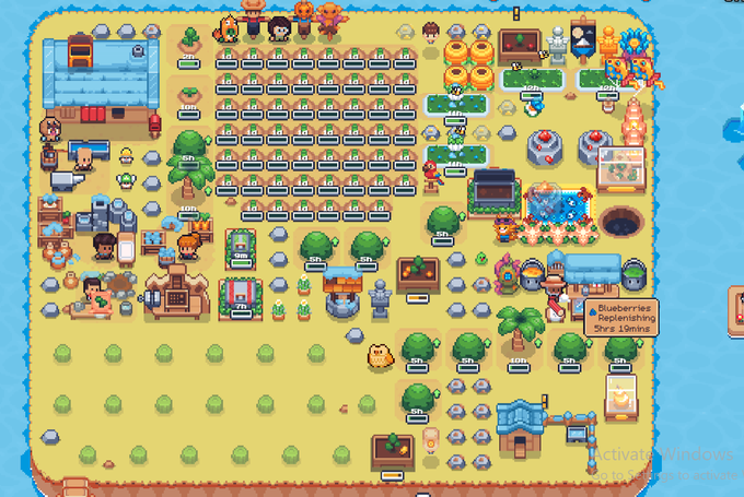 A screenshot of a pixel art farm/island management game showing organized crop fields, characters, buildings, and a "Strawberry Replenishing in 19mins" notification.