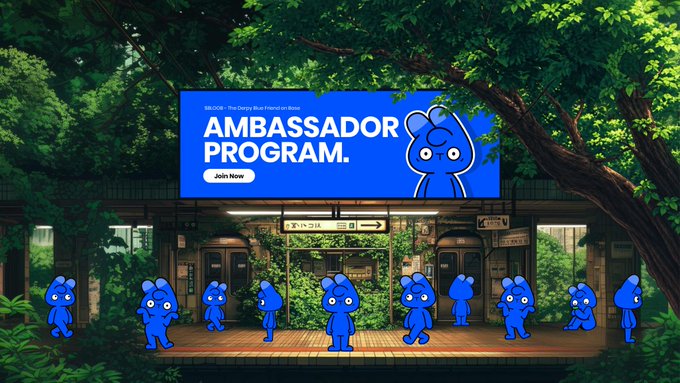 An anime-style promotional banner for a 'BLUECHIP' Ambassador Program, set in a lush forest with several small blue cartoon characters standing near a storefront.