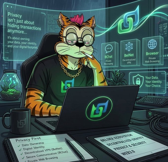 An anthropomorphic tiger wearing a "BChat" shirt sits at a desk surrounded by privacy-themed tech interfaces, with visible text like "Privacy isn't just about hiding transactions anymore," "Your Data. Your Identity. Your Choice.," and references to "BelNet," "BChat," "Browser," and a "Privacy First" checklist. The image relates to the post by promoting BeldexCoin's privacy ecosystem—including its upcoming Beldex Bridge—which aligns with the post's message about simplifying cross-chain crypto transfers through Beldex's decentralized tools.