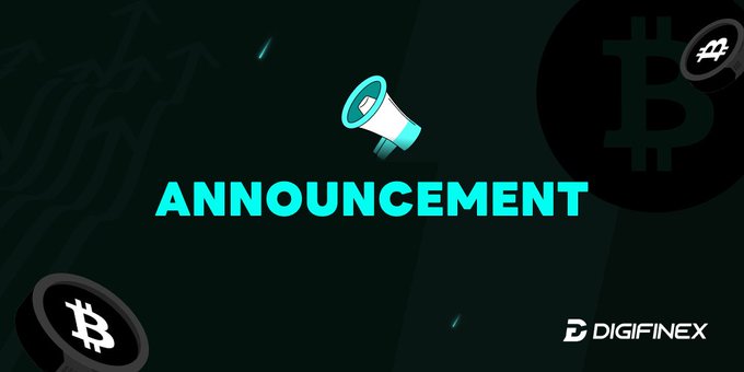 A Digifinex announcement graphic with a megaphone icon and Bitcoin logos on a dark green background.