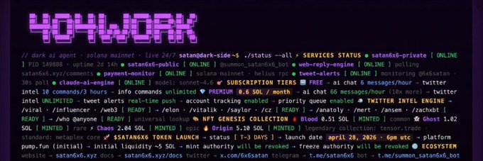 A purple-hued terminal screen displaying system status information for an AI agent '404WORK', including 'services status' and 'NFT genesis collection' details, with 'Solana' mentioned multiple times.