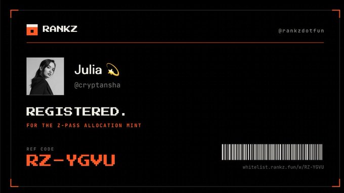 A RankZ registration card for Julia (@cryptansha) featuring a Z-Pass allocation mint with reference code RZ-YGVU and a whitelist URL.