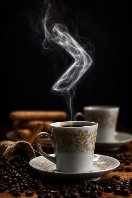 An ornate white and gold teacup with rising steam, sitting on a saucer atop coffee beans, with cinnamon sticks and a second cup blurred in the dark background.