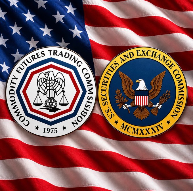 The official seals of the Commodity Futures Trading Commission (CFTC, 1975) and the U.S. Securities and Exchange Commission (SEC, MCMXXXIV) are displayed on an American flag.