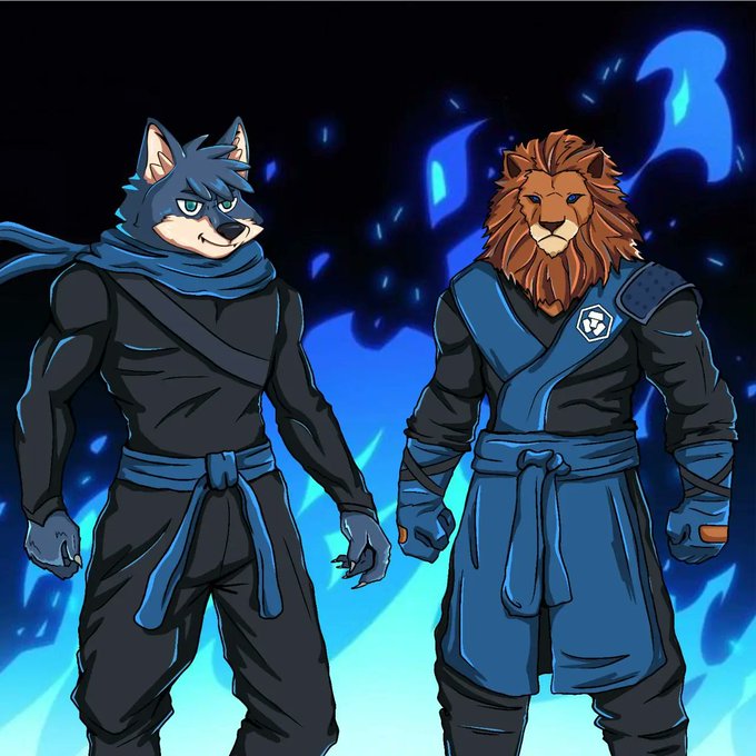 Digital artwork of two anthropomorphic characters—a wolf and a lion—dressed in blue and black martial arts-style outfits with blue flames in the background.