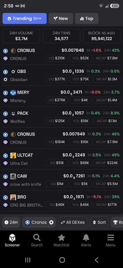 Cryptocurrency screener app showing trending Cronos tokens including CRONUS, OBS, MERY, PACK, ULTCAT, CAW, and BRO with various price and volume data.