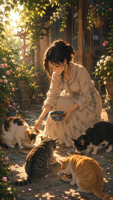 An anime-style illustration depicts a woman in a floral dress crouching on a stone path to feed four cats from bowls in a sunlit, flower-filled courtyard.