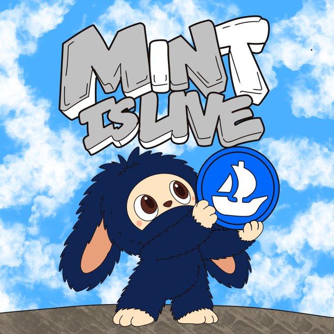 A cute blue furry mascot holds up a coin featuring a sailboat logo beneath the bold text "MINT IS LIVE," visually announcing that the Chord project's minting event is now active ahead of the airdrop claim and token trading launch.