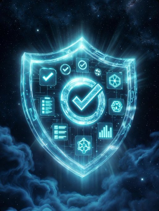 A glowing blue digital shield with a central checkmark, surrounded by icons representing security features like checkmarks, bar charts, and data symbols, set against a starry cosmic background.
