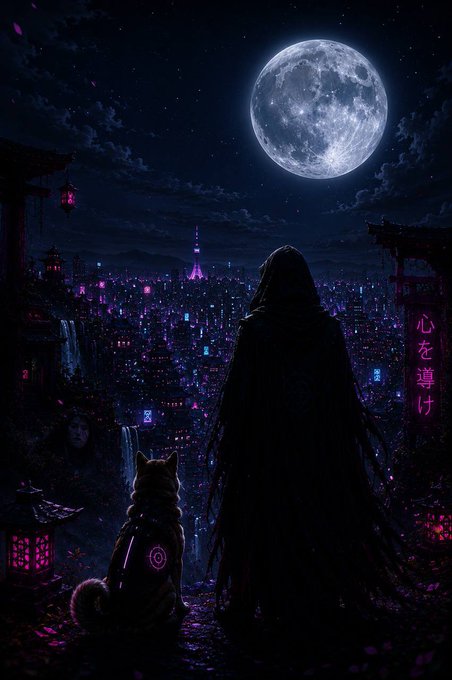 A moody digital artwork of a hooded figure and a small animal looking out over a neon-lit cyberpunk cityscape under a large full moon, with Japanese text '心を導け' on a lantern.