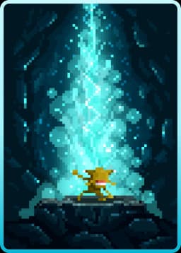 Pixel art depicting a small character holding a glowing blue crystal or energy beam in a dark cave-like setting.