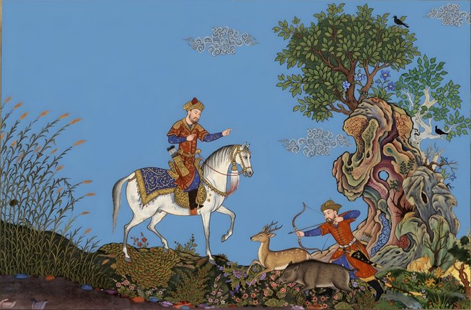 A Persian-style miniature painting depicting a hunter on horseback and an archer hunting deer among lush trees and flowers against a blue sky.