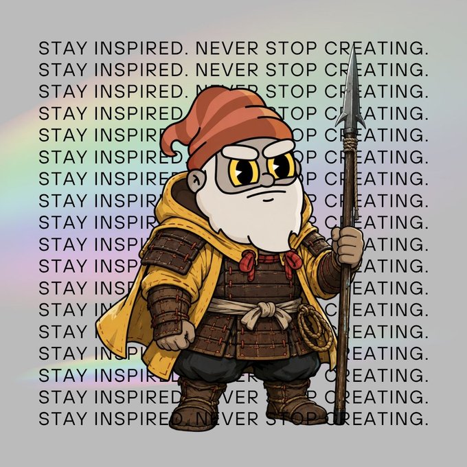 A digital illustration of a stout, cartoon-style warrior character with large yellow eyes, wearing a yellow cape, brown armor, and a red hat, holding a spear. The background features the repeated text 'STAY INSPIRED. NEVER STOP CREATING.' over a soft gradient.