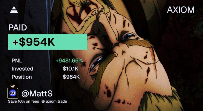A promotional graphic for AXIOM trade featuring a stylized illustration of a character with long blonde hair and blue eyes, displaying a trade result of "PAID +$954K" with a PNL of +9481.65% from a $10.1K investment, credited to user @MattS, fitting the post's Solana giveaway theme.