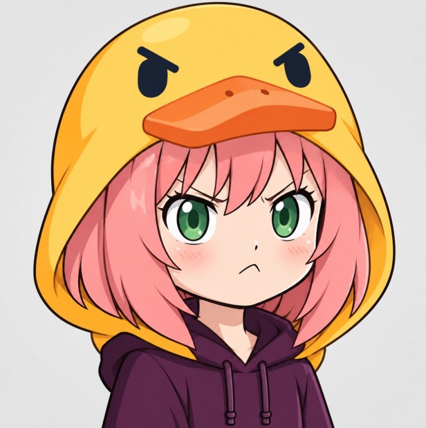 An anime-style chibi character with pink hair and green eyes wearing a yellow duck hoodie featuring an angry expression on the duck design, paired with a purple hoodie. The image is tagged with "duel_duck" and depicts the user as a fierce, determined duck-themed persona responding to the "I am Duel, are you?" challenge.