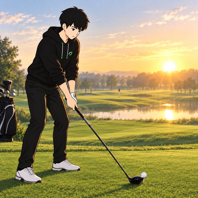 An anime-style illustration of a young man in black hoodie and pants playing golf at sunset on a green course with a pond and trees in the background.