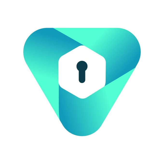 Logo featuring a teal and blue gradient shield-like shape with a darker blue accent, containing a white hexagon in the center with a keyhole symbol.