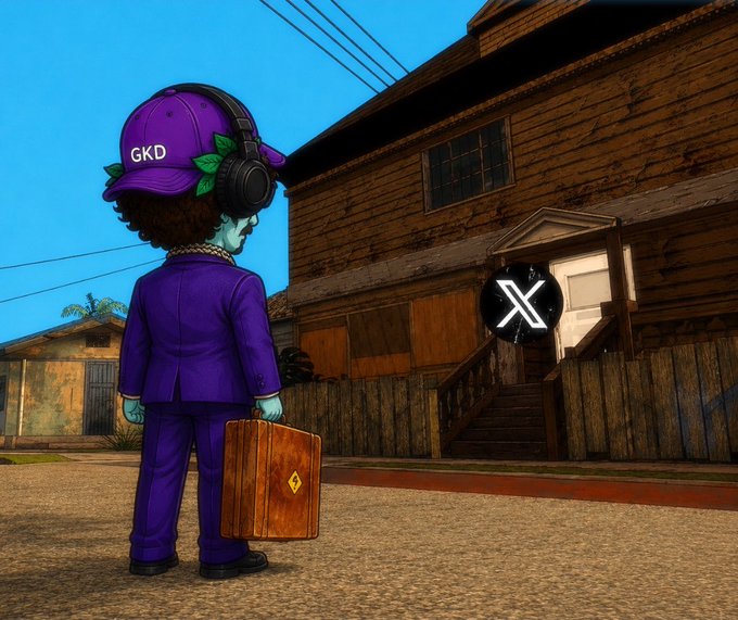 A 3D-rendered character with green skin, wearing a purple suit and a purple cap labeled 'GKD', stands holding a suitcase in front of a wooden building displaying an 'X' logo.