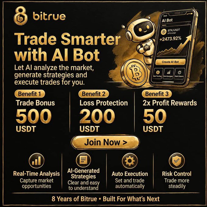 A Bitrue promotional advertisement featuring a gold-themed graphic promoting an AI Bot for trading, with text 'Trade Smarter with AI Bot' and benefits including 'Trade Bonus 500 USDT', 'Loss Protection 200 USDT', and '2x Profit Rewards 50 USDT'.